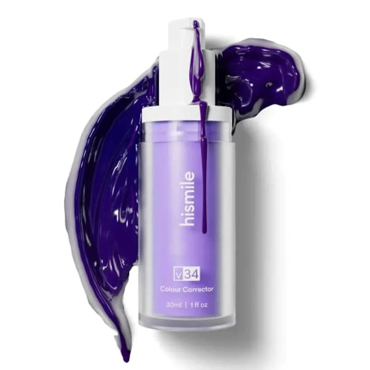 Purple cosmetic bottle with 'hismile' branding on a white background
